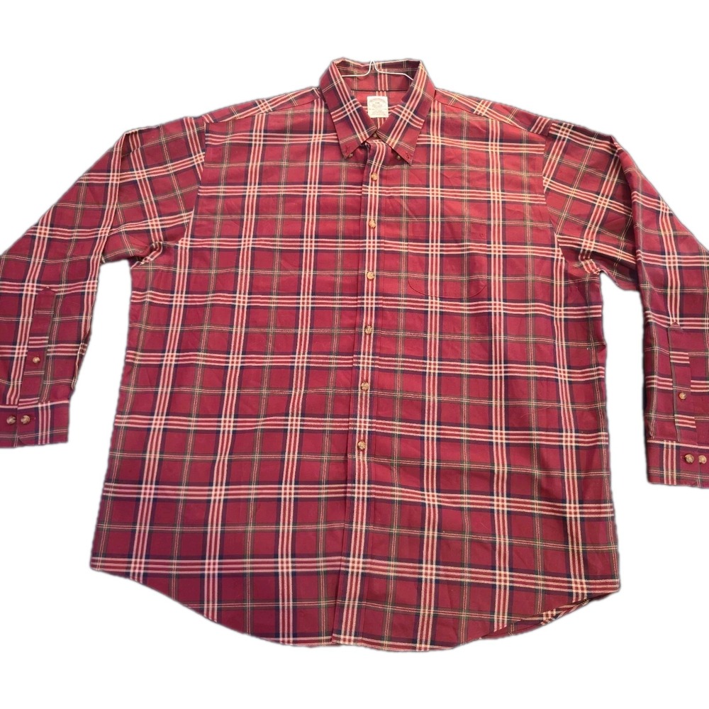 Brooks Bros Men's XXL Non-Iron Dress Shirt Red Tartan Plaid 100%‎ Supima Cotton